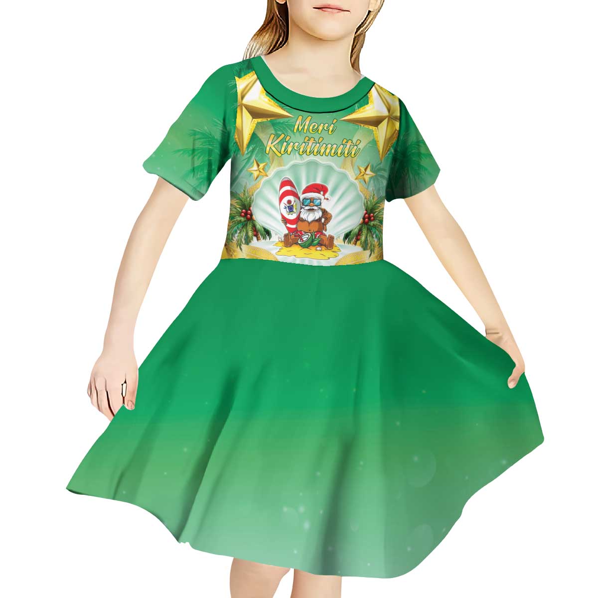 Cook Islands Christmas Kid Short Sleeve Dress Seashell Santa Beach Vibes - Polynesian Pride
