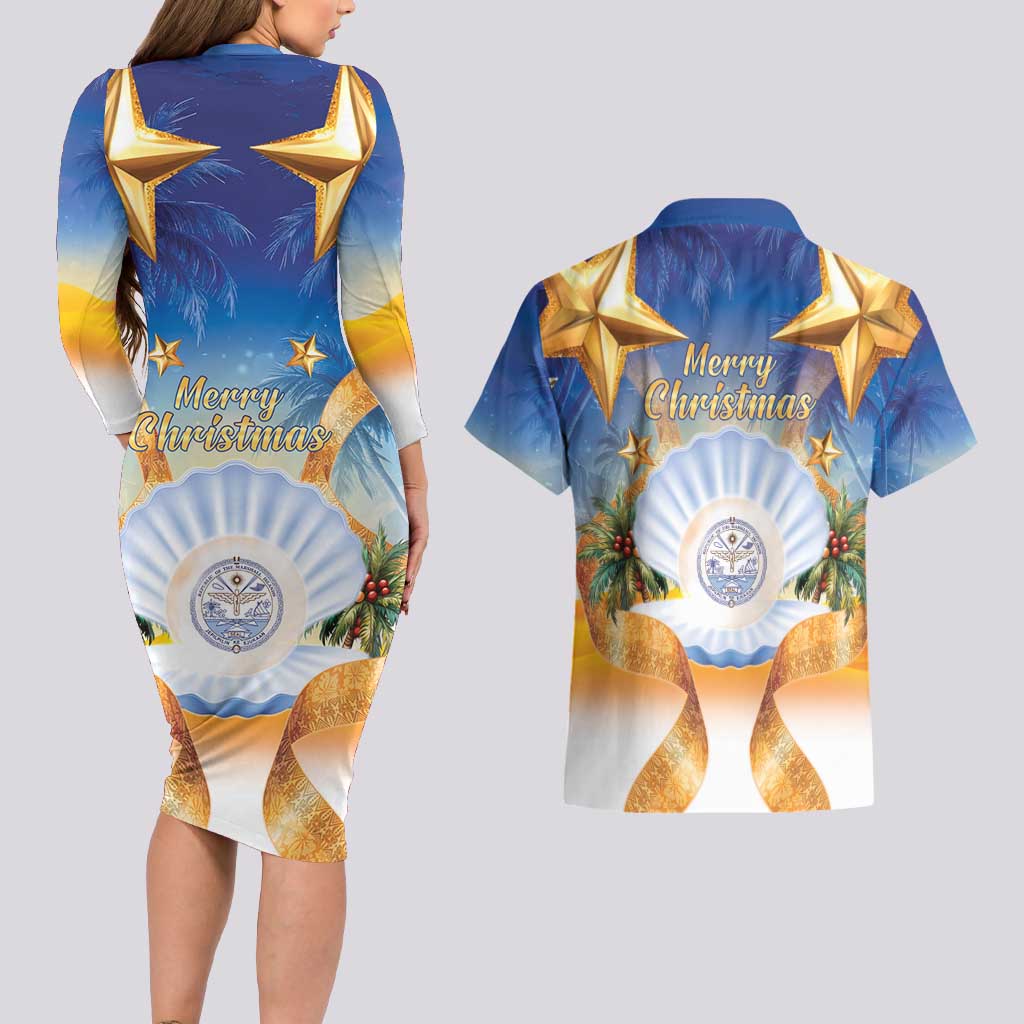 Marshall Islands Christmas Couples Matching Long Sleeve Bodycon Dress and Hawaiian Shirt Seashell Santa Beach Vibes - Polynesian Pride