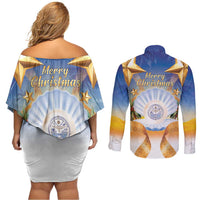 Marshall Islands Christmas Couples Matching Off Shoulder Short Dress and Long Sleeve Button Shirt Seashell Santa Beach Vibes - Polynesian Pride
