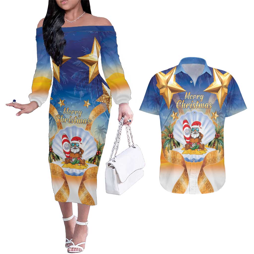Marshall Islands Christmas Couples Matching Off The Shoulder Long Sleeve Dress and Hawaiian Shirt Seashell Santa Beach Vibes - Polynesian Pride