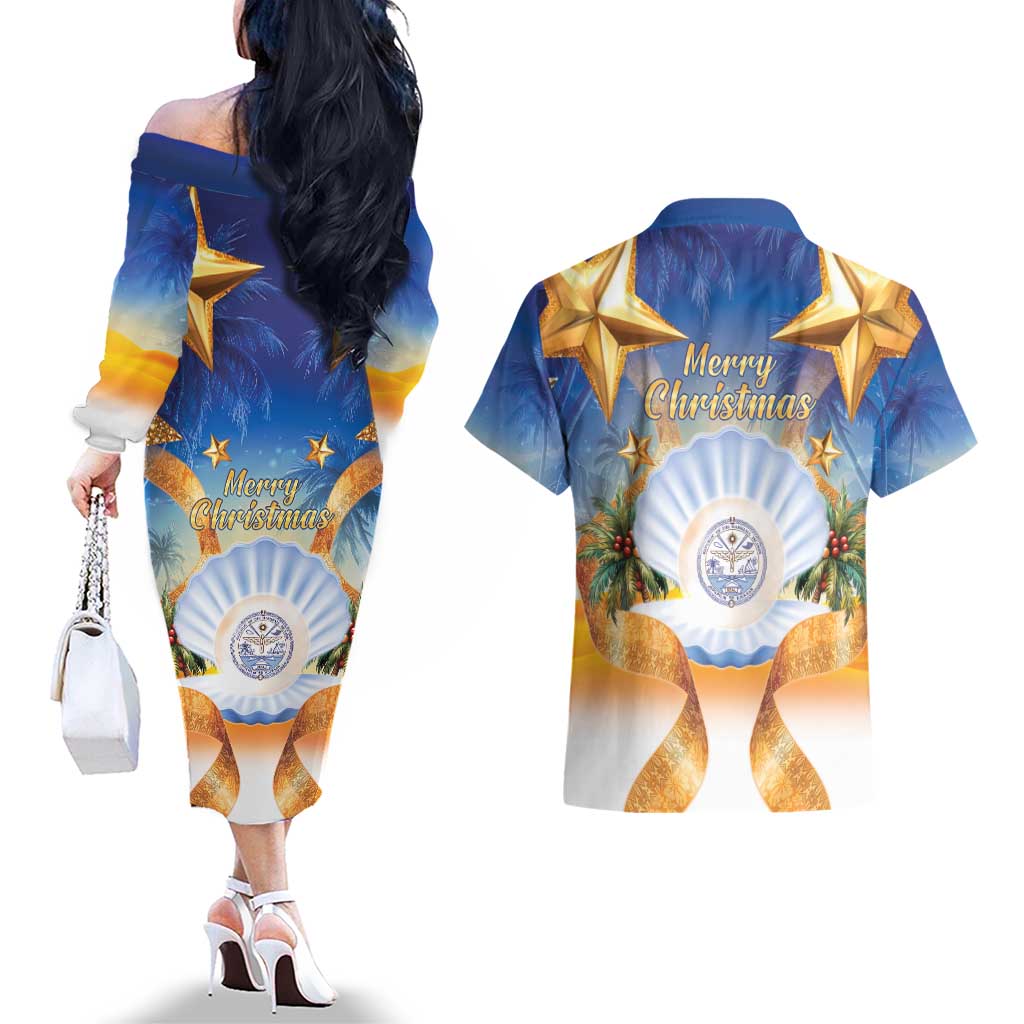 Marshall Islands Christmas Couples Matching Off The Shoulder Long Sleeve Dress and Hawaiian Shirt Seashell Santa Beach Vibes - Polynesian Pride