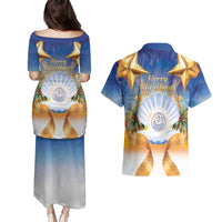 Marshall Islands Christmas Couples Matching Puletasi and Hawaiian Shirt Seashell Santa Beach Vibes - Polynesian Pride