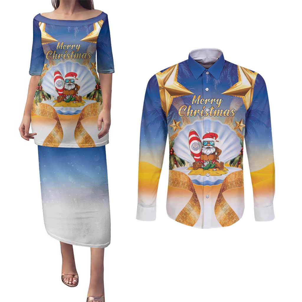 Marshall Islands Christmas Couples Matching Puletasi and Long Sleeve Button Shirt Seashell Santa Beach Vibes - Polynesian Pride