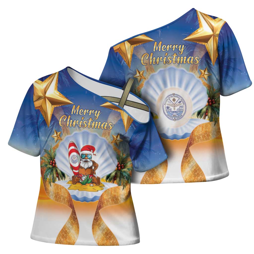 Marshall Islands Christmas Cross Shoulder Shirt Seashell Santa Beach Vibes - Polynesian Pride