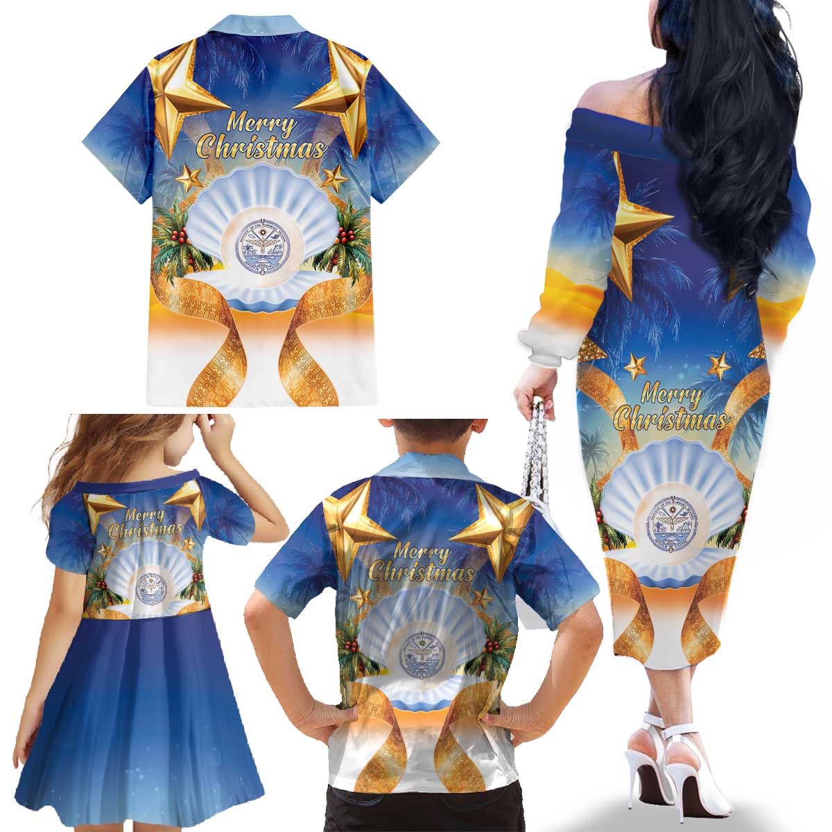 Marshall Islands Christmas Family Matching Off The Shoulder Long Sleeve Dress and Hawaiian Shirt Seashell Santa Beach Vibes - Polynesian Pride