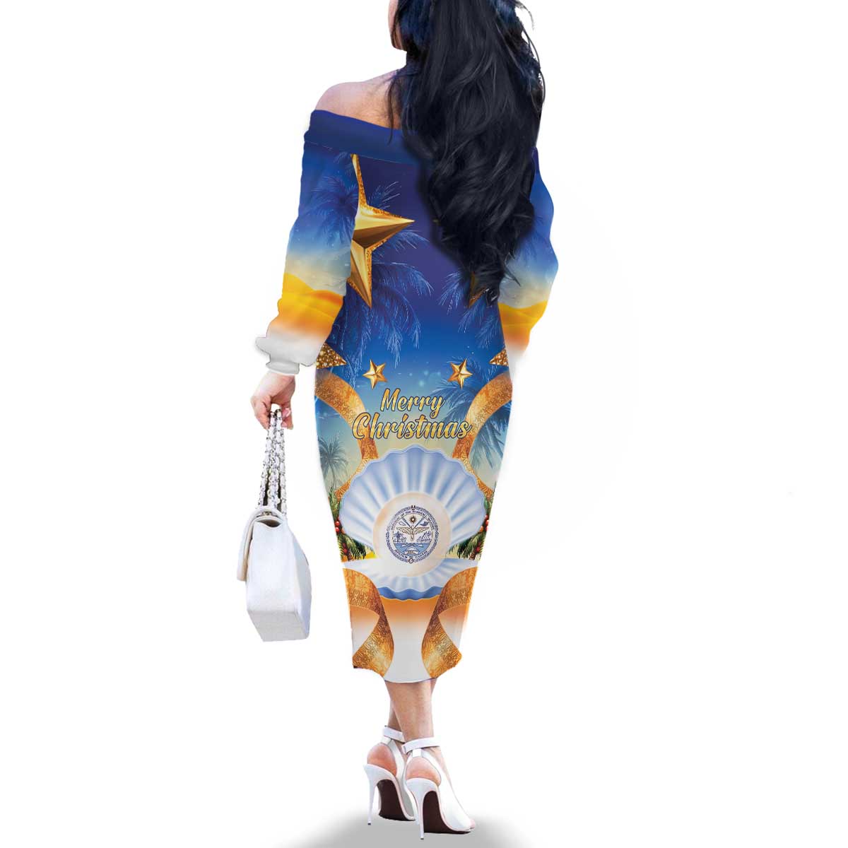 Marshall Islands Christmas Family Matching Off The Shoulder Long Sleeve Dress and Hawaiian Shirt Seashell Santa Beach Vibes - Polynesian Pride