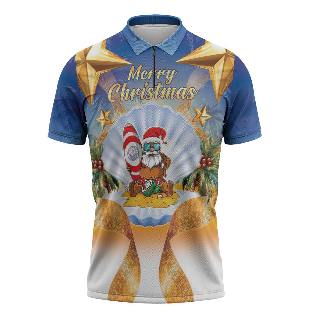 Marshall Islands Christmas Zipper Polo Shirt Seashell Santa Beach Vibes - Polynesian Pride