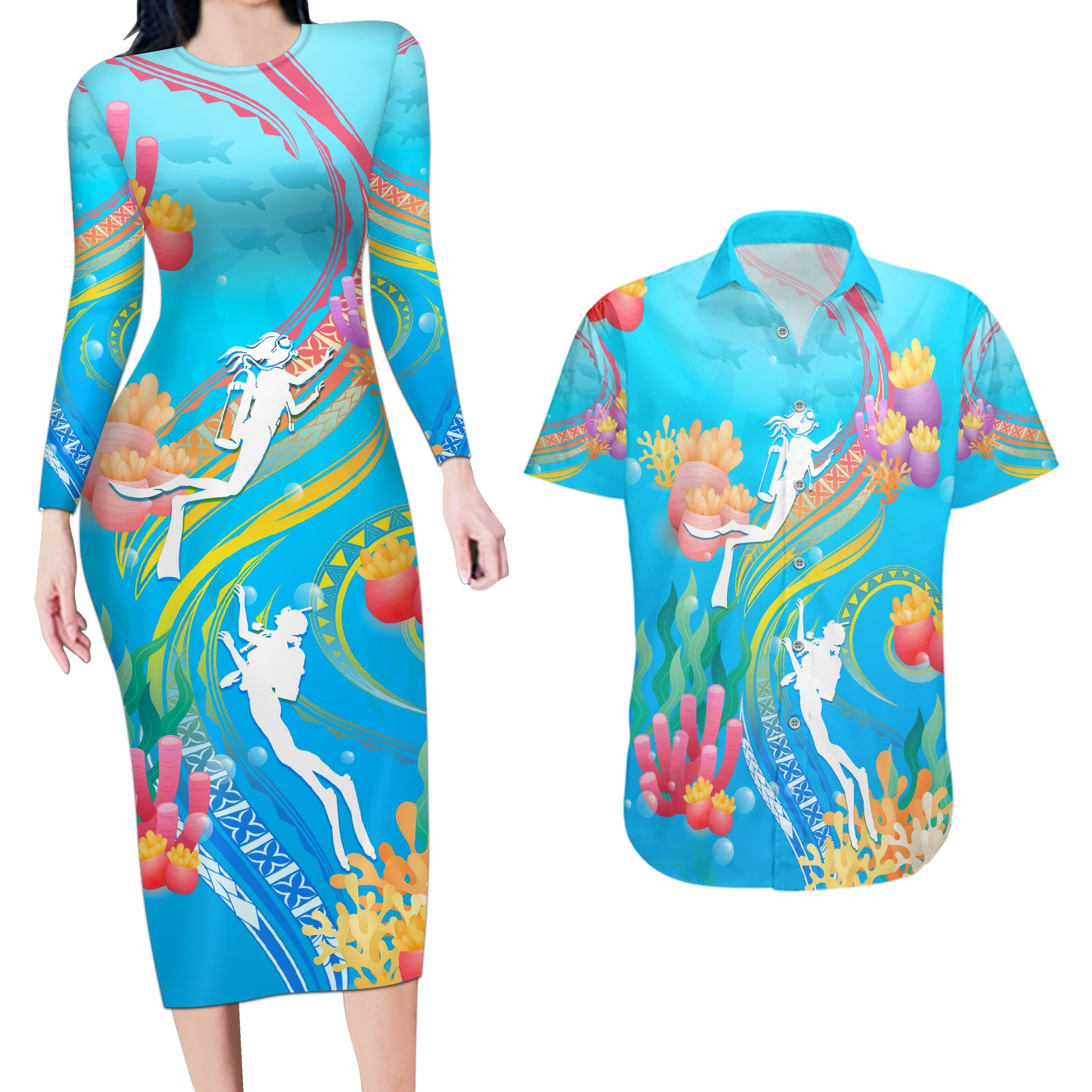 Under The Sea Scuba Diving Couples Matching Long Sleeve Bodycon Dress and Hawaiian Shirt Polynesian Pattern LT05 Blue - Polynesian Pride