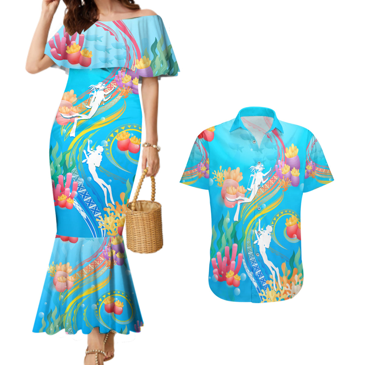 Under The Sea Scuba Diving Couples Matching Mermaid Dress and Hawaiian Shirt Polynesian Pattern LT05 Blue - Polynesian Pride