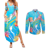 Under The Sea Scuba Diving Couples Matching Summer Maxi Dress and Long Sleeve Button Shirt Polynesian Pattern LT05 Blue - Polynesian Pride
