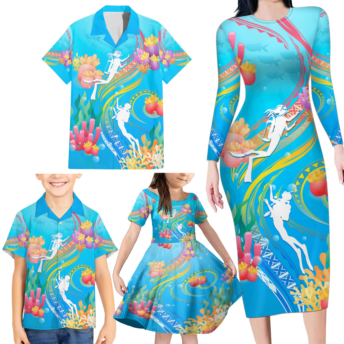 Under The Sea Scuba Diving Family Matching Long Sleeve Bodycon Dress and Hawaiian Shirt Polynesian Pattern LT05 - Polynesian Pride