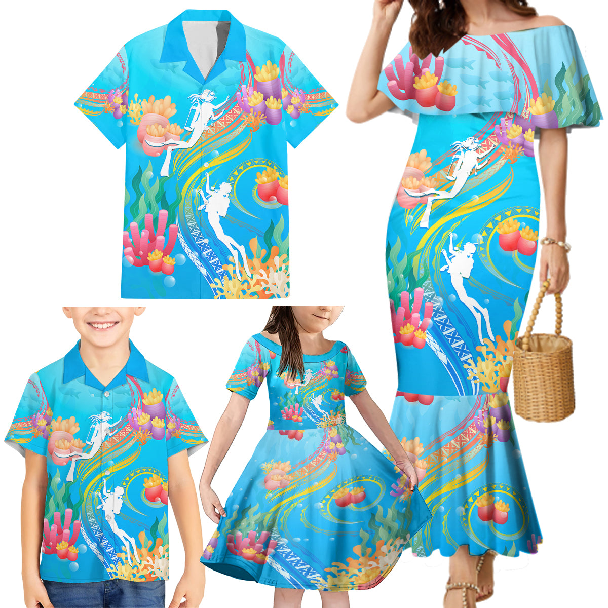 Under The Sea Scuba Diving Family Matching Mermaid Dress and Hawaiian Shirt Polynesian Pattern LT05 - Polynesian Pride