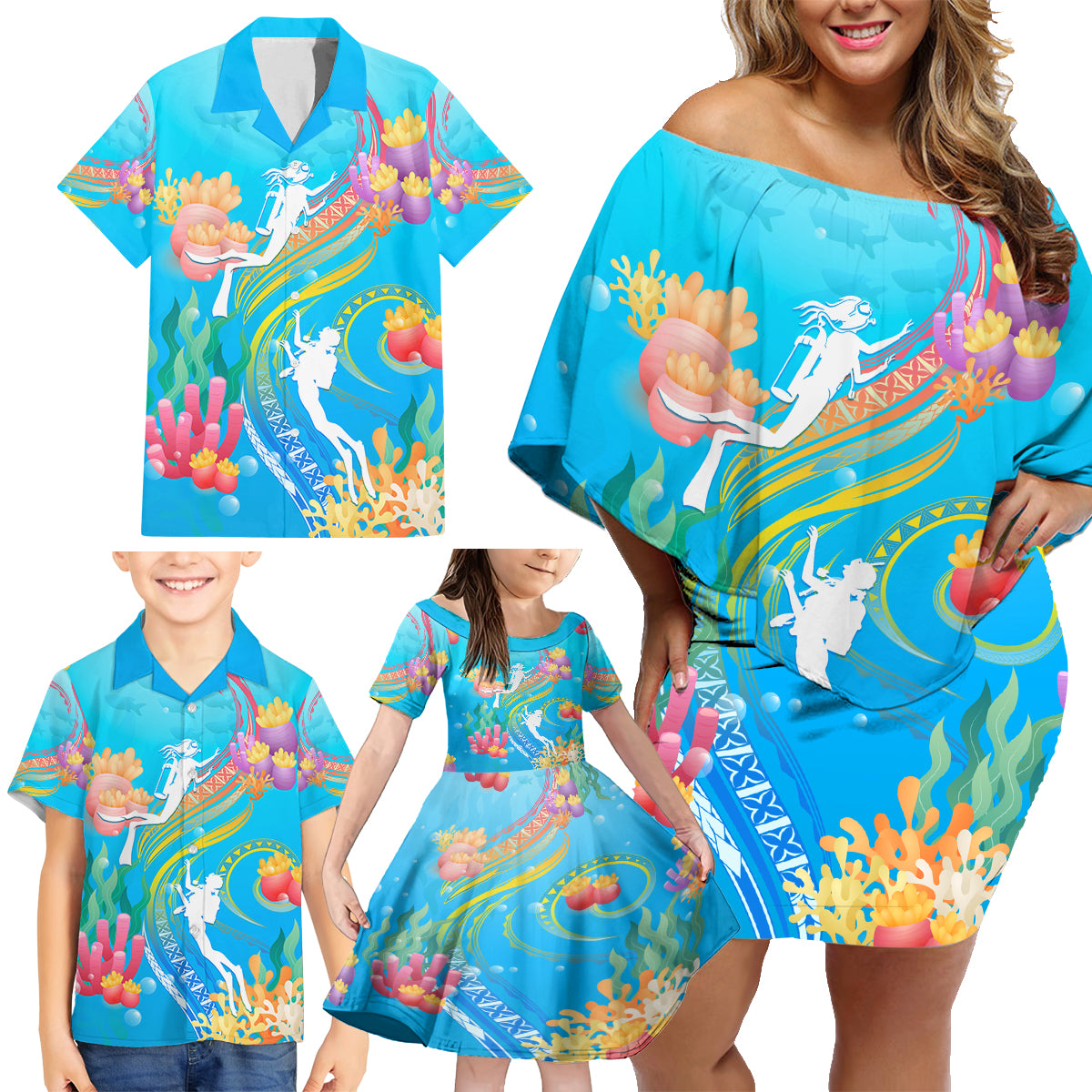 Under The Sea Scuba Diving Family Matching Off Shoulder Short Dress and Hawaiian Shirt Polynesian Pattern LT05 - Polynesian Pride