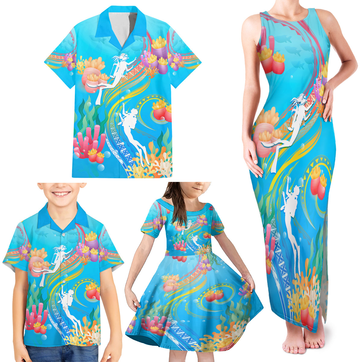 Under The Sea Scuba Diving Family Matching Tank Maxi Dress and Hawaiian Shirt Polynesian Pattern LT05 - Polynesian Pride