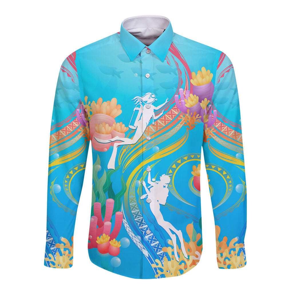 Under The Sea Scuba Diving Long Sleeve Button Shirt Polynesian Pattern LT05 Unisex Blue - Polynesian Pride