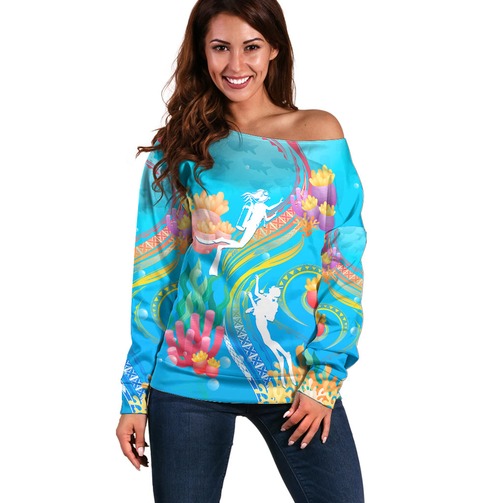 Under The Sea Scuba Diving Off Shoulder Sweater Polynesian Pattern LT05 Women Blue - Polynesian Pride
