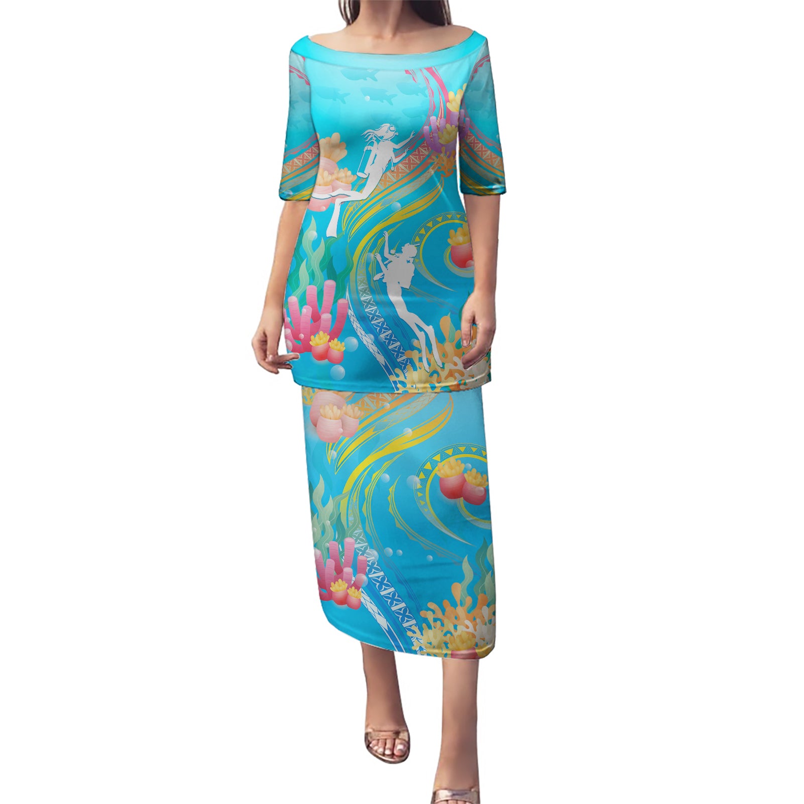 Under The Sea Scuba Diving Puletasi Polynesian Pattern LT05 Long Dress Blue - Polynesian Pride