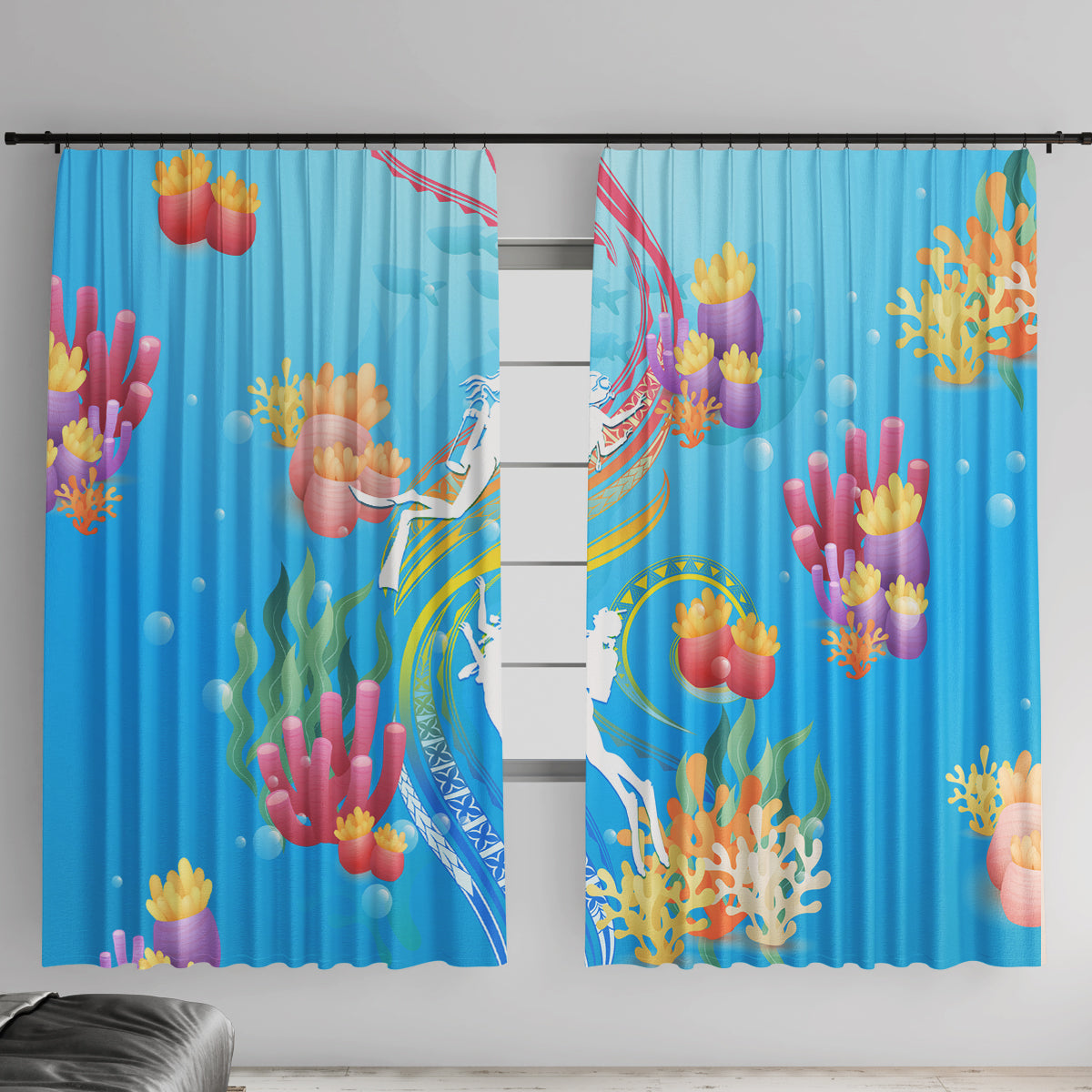 Under The Sea Scuba Diving Window Curtain Polynesian Pattern LT05 With Hooks Blue - Polynesian Pride