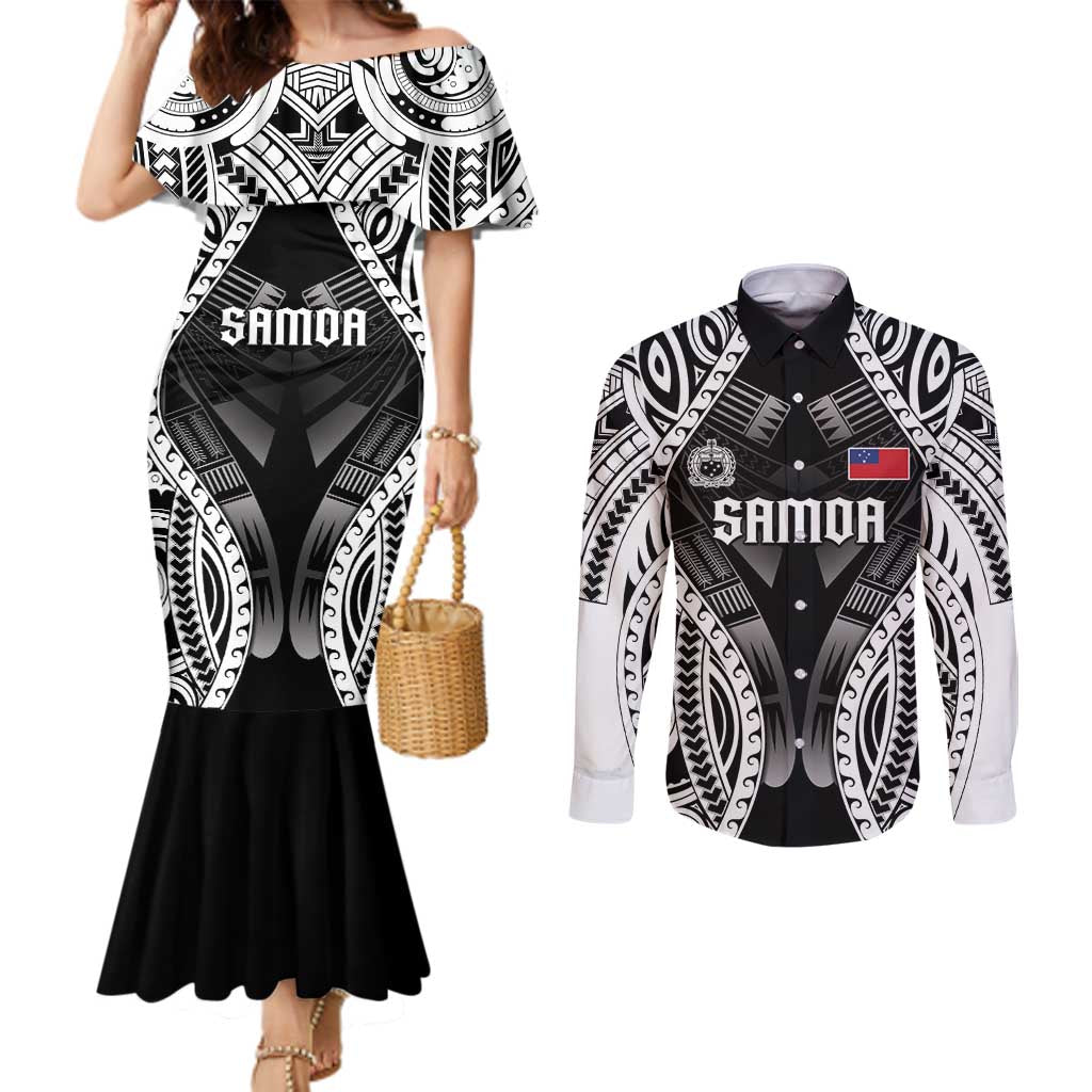 Personalised Remember Samoa Black Saturday Couples Matching Mermaid Dress and Long Sleeve Button Shirt Samoa Mo Samoa LT05 Black - Polynesian Pride