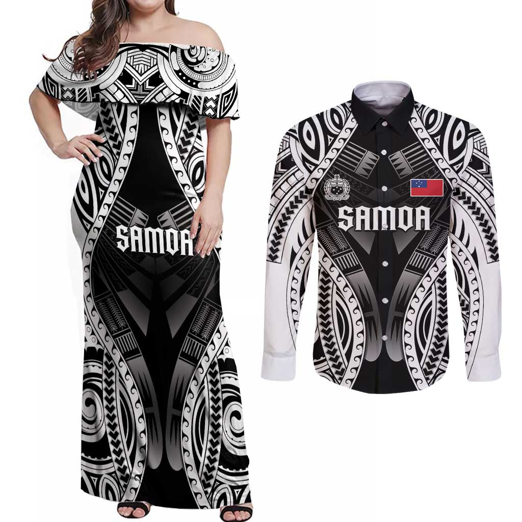 Personalised Remember Samoa Black Saturday Couples Matching Off Shoulder Maxi Dress and Long Sleeve Button Shirt Samoa Mo Samoa LT05 Black - Polynesian Pride