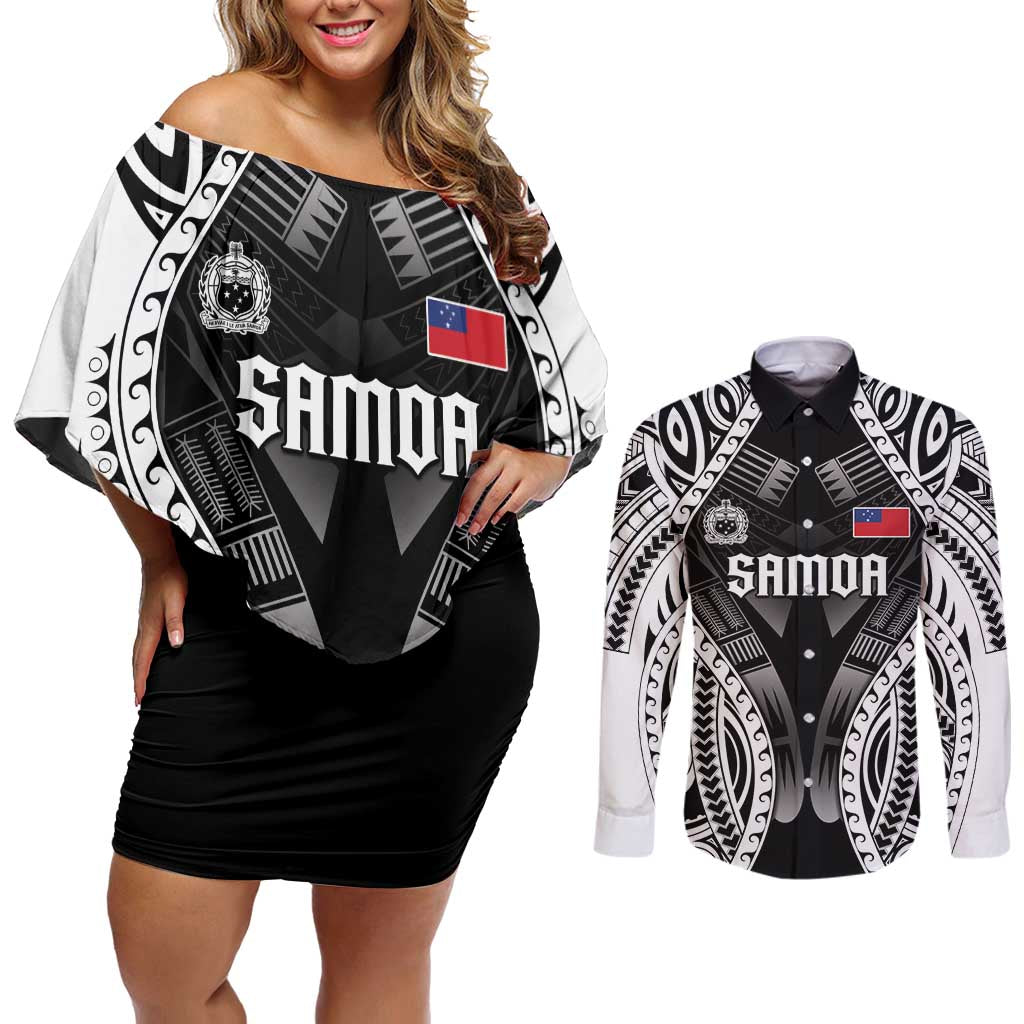 Personalised Remember Samoa Black Saturday Couples Matching Off Shoulder Short Dress and Long Sleeve Button Shirt Samoa Mo Samoa LT05 Black - Polynesian Pride
