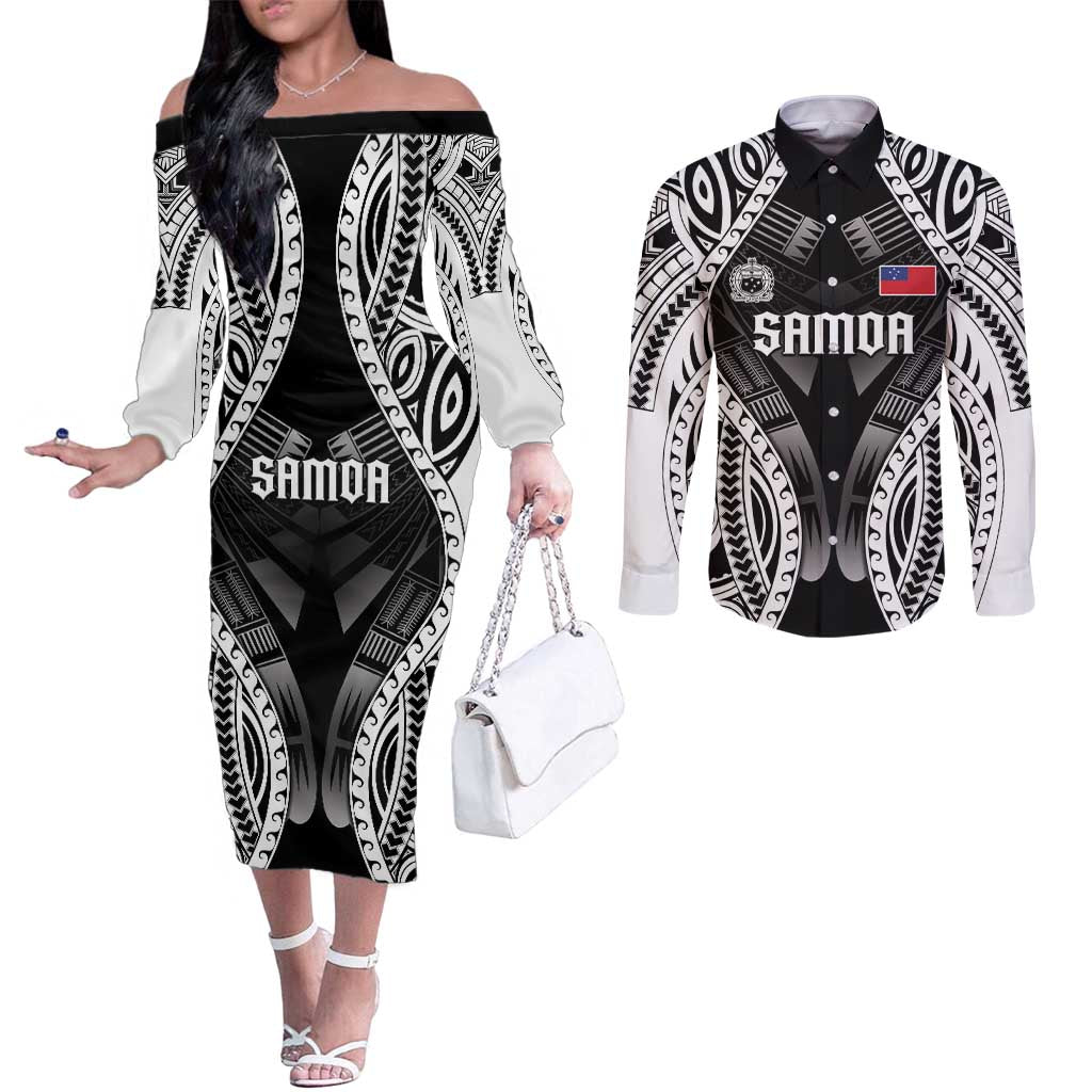 Personalised Remember Samoa Black Saturday Couples Matching Off The Shoulder Long Sleeve Dress and Long Sleeve Button Shirt Samoa Mo Samoa LT05 Black - Polynesian Pride