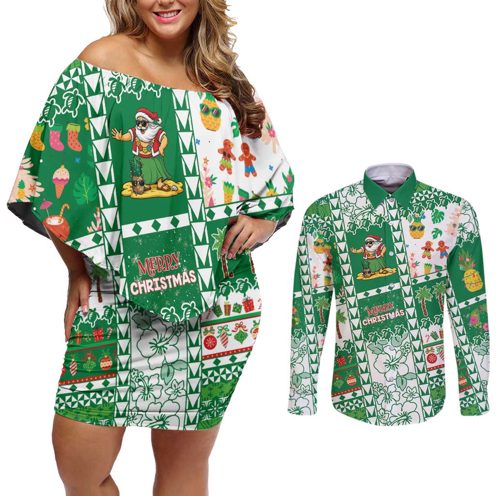 Norfolk Island Christmas Couples Matching Off Shoulder Short Dress and Long Sleeve Button Shirt Festive Beach Vibes LT05 Green - Polynesian Pride