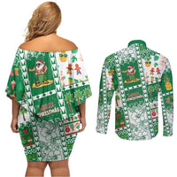 Norfolk Island Christmas Couples Matching Off Shoulder Short Dress and Long Sleeve Button Shirt Festive Beach Vibes LT05 - Polynesian Pride