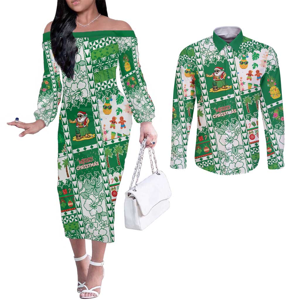 Norfolk Island Christmas Couples Matching Off The Shoulder Long Sleeve Dress and Long Sleeve Button Shirt Festive Beach Vibes LT05 Green - Polynesian Pride