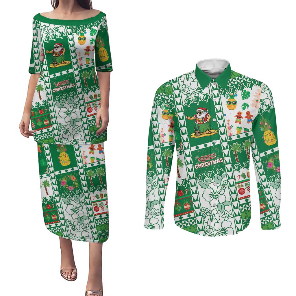 Norfolk Island Christmas Couples Matching Puletasi and Long Sleeve Button Shirt Festive Beach Vibes LT05 Green - Polynesian Pride