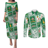 Norfolk Island Christmas Couples Matching Puletasi and Long Sleeve Button Shirt Festive Beach Vibes LT05 Green - Polynesian Pride