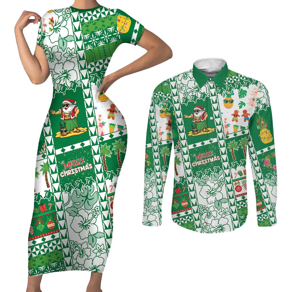 Norfolk Island Christmas Couples Matching Short Sleeve Bodycon Dress and Long Sleeve Button Shirt Festive Beach Vibes LT05 Green - Polynesian Pride