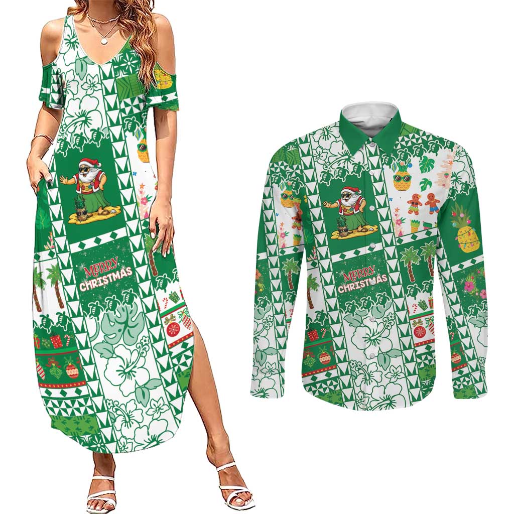Norfolk Island Christmas Couples Matching Summer Maxi Dress and Long Sleeve Button Shirt Festive Beach Vibes LT05 Green - Polynesian Pride
