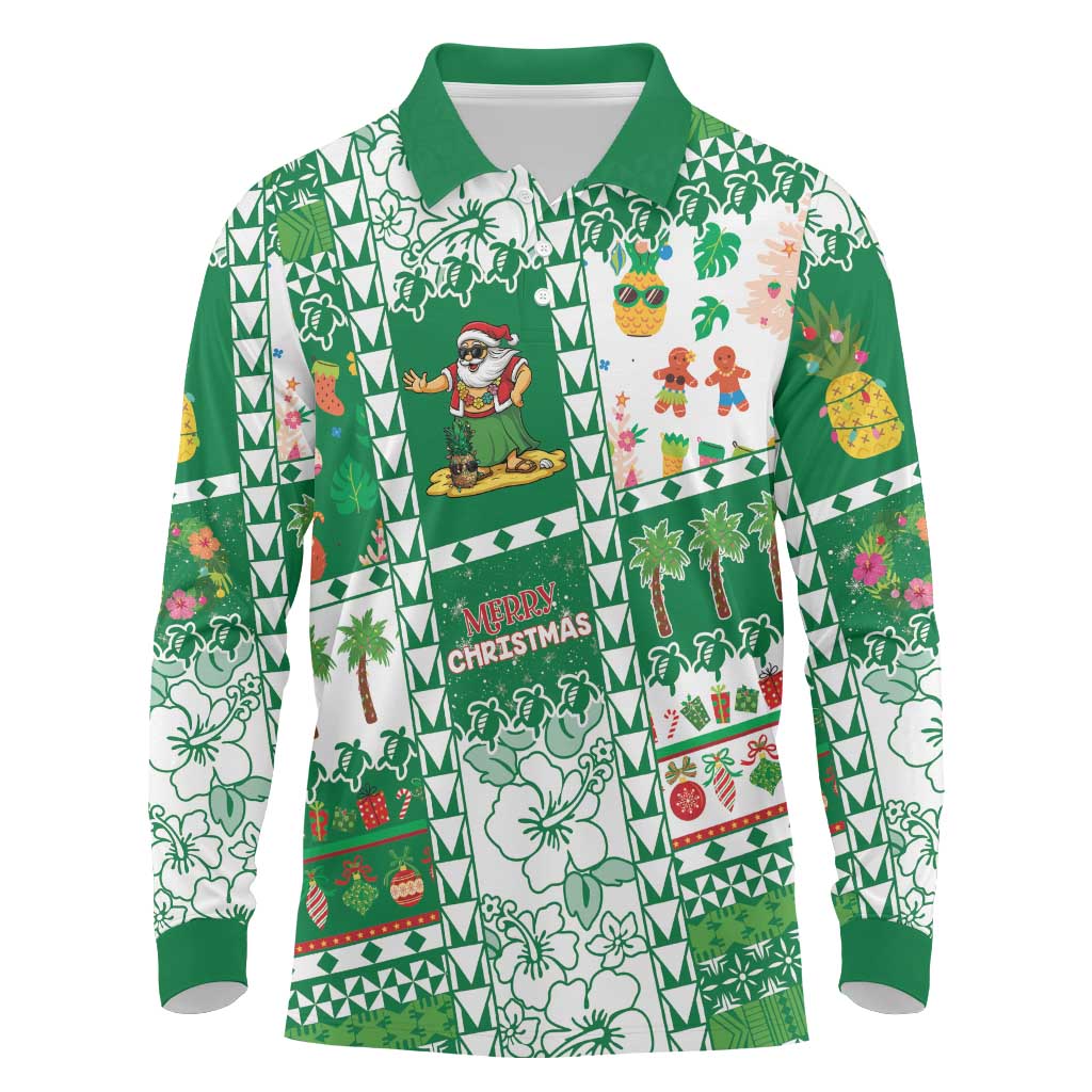 Norfolk Island Christmas Long Sleeve Polo Shirt Festive Beach Vibes LT05 Green - Polynesian Pride
