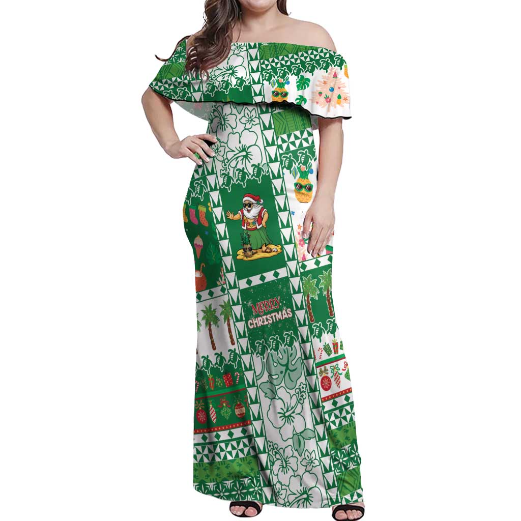 Norfolk Island Christmas Off Shoulder Maxi Dress Festive Beach Vibes LT05 Women Green - Polynesian Pride