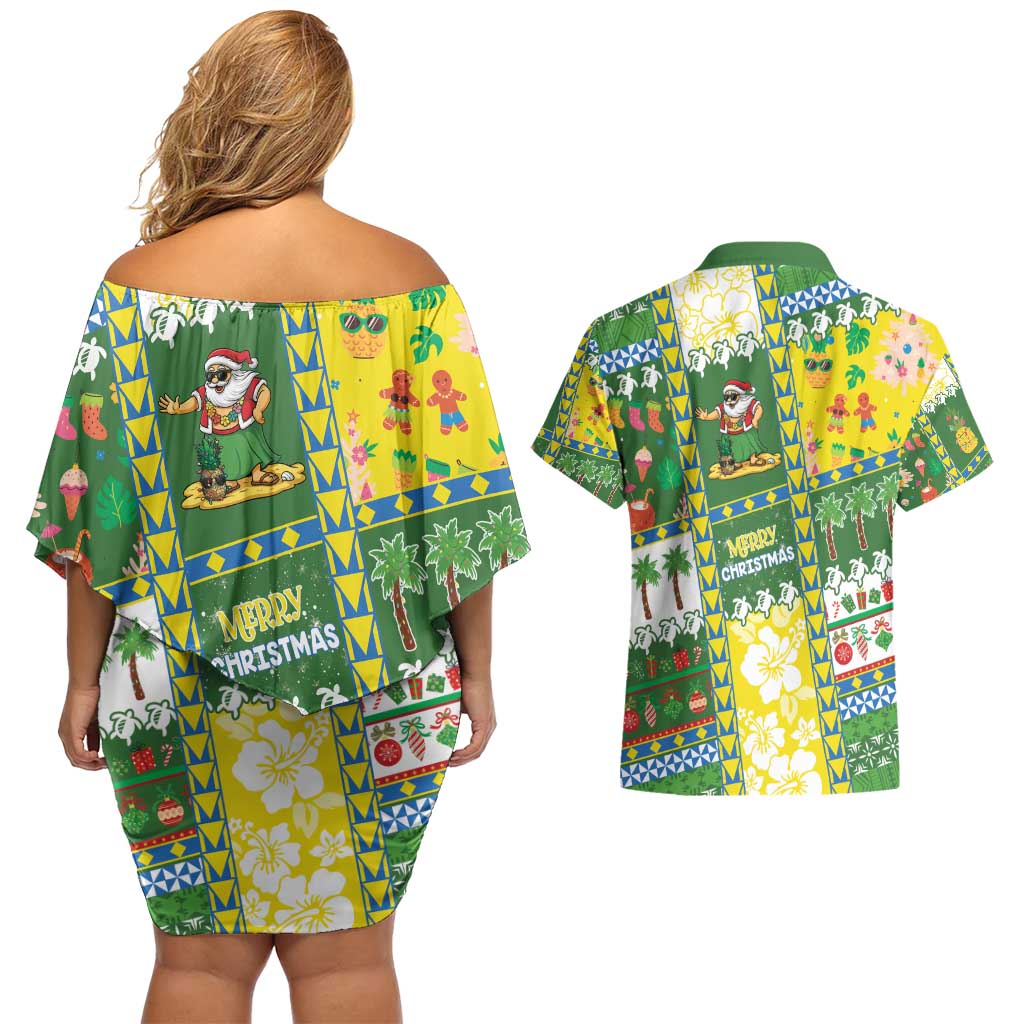Pitcairn Islands Christmas Couples Matching Off Shoulder Short Dress and Hawaiian Shirt Festive Beach Vibes - Polynesian Pride
