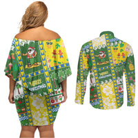 Pitcairn Islands Christmas Couples Matching Off Shoulder Short Dress and Long Sleeve Button Shirt Festive Beach Vibes - Polynesian Pride