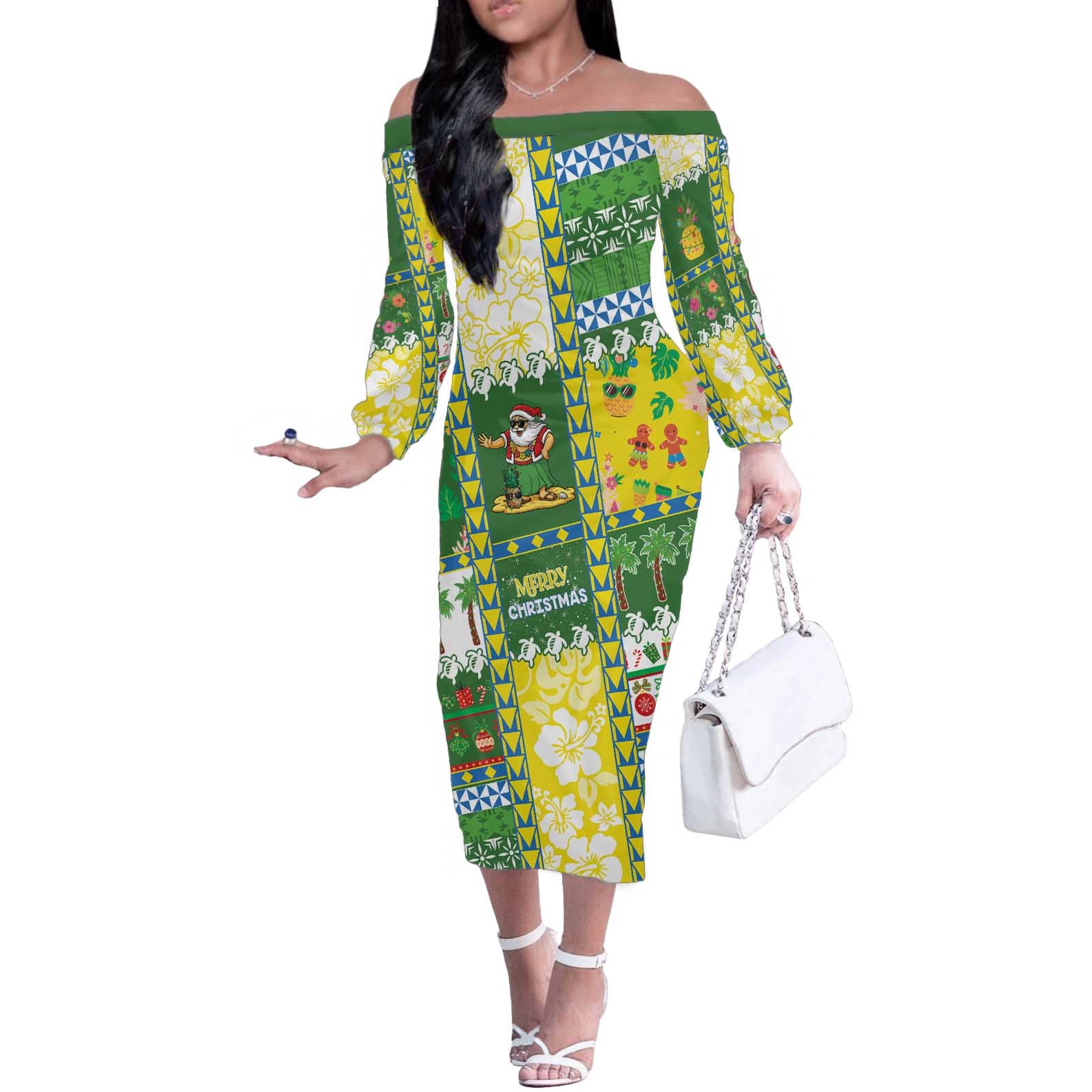 Pitcairn Islands Christmas Off The Shoulder Long Sleeve Dress Festive Beach Vibes LT05 Women Colorful - Polynesian Pride