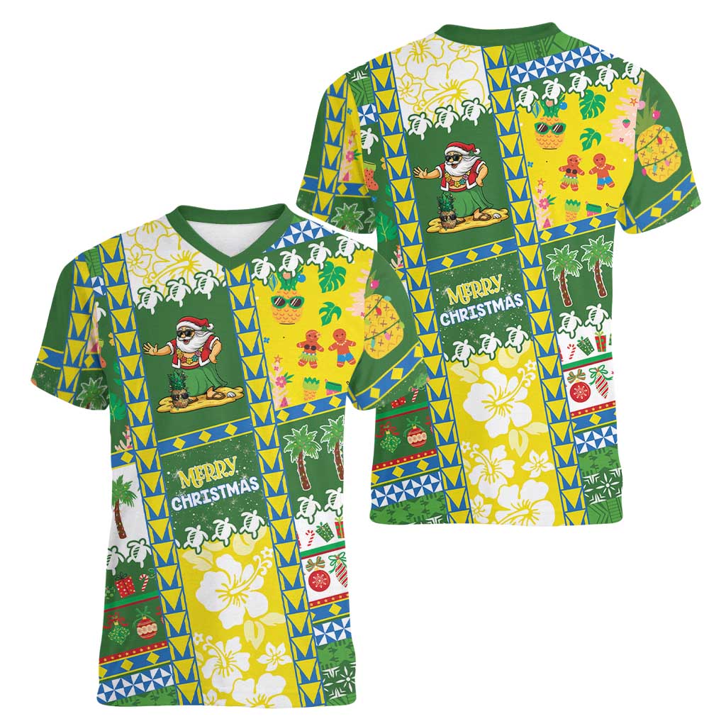Pitcairn Islands Christmas Women V-Neck T-Shirt Festive Beach Vibes LT05 - Polynesian Pride