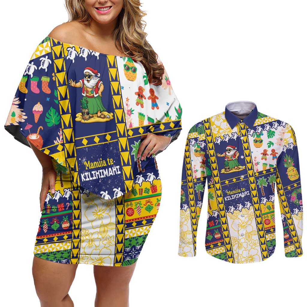 Tokelau Christmas Couples Matching Off Shoulder Short Dress and Long Sleeve Button Shirt Festive Beach Vibes LT05 Colorful - Polynesian Pride