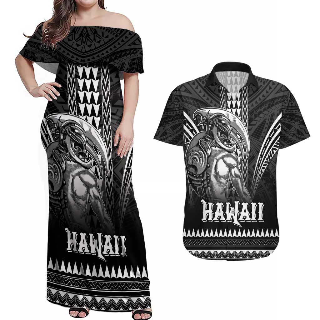 Hawaiian Ikaika Warrior Couples Matching Off Shoulder Maxi Dress and Hawaiian Shirt Tribal Pattern