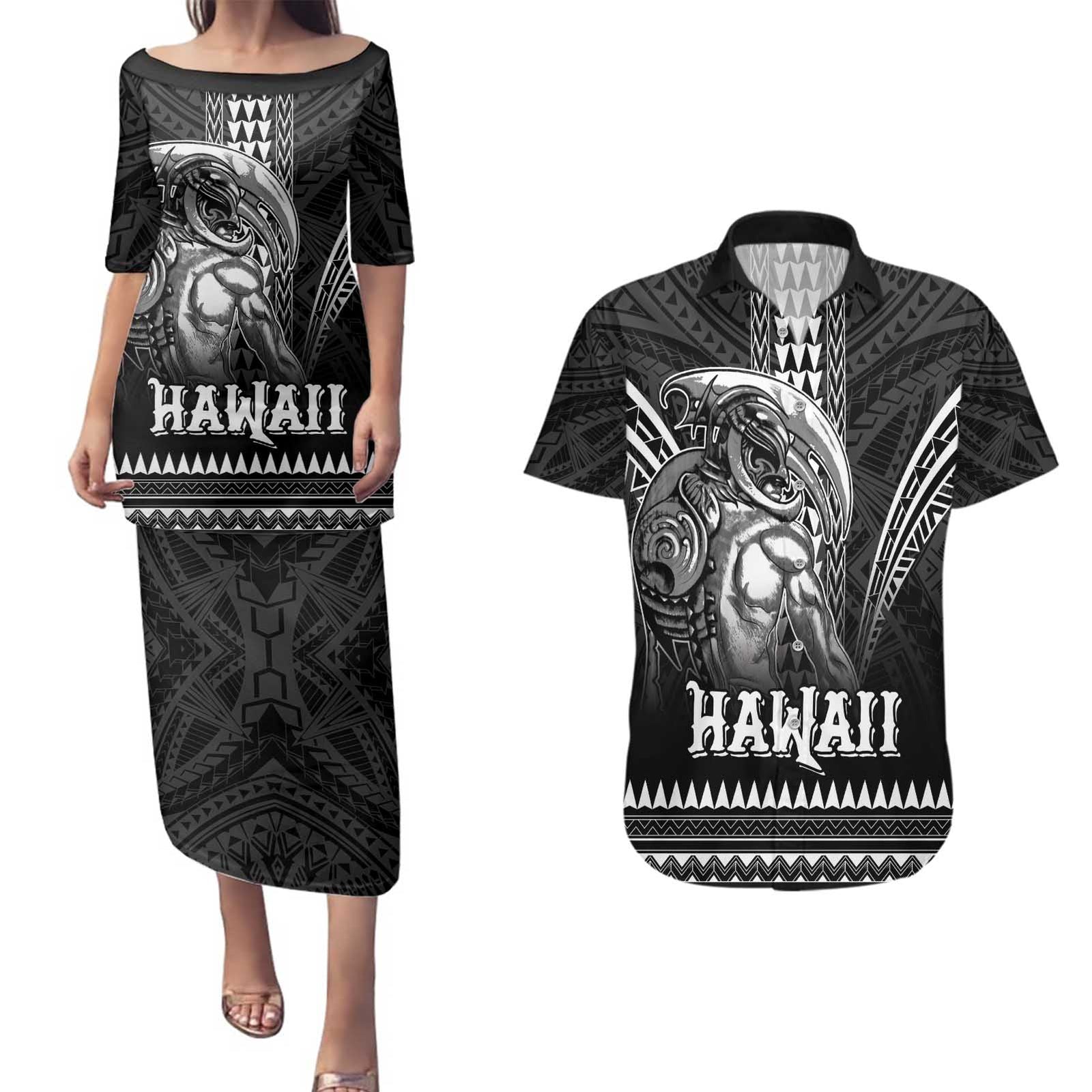 Hawaiian Ikaika Warrior Couples Matching Puletasi and Hawaiian Shirt Tribal Pattern