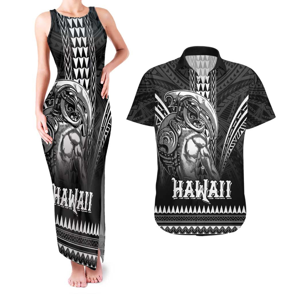 Hawaiian Ikaika Warrior Couples Matching Tank Maxi Dress and Hawaiian Shirt Tribal Pattern