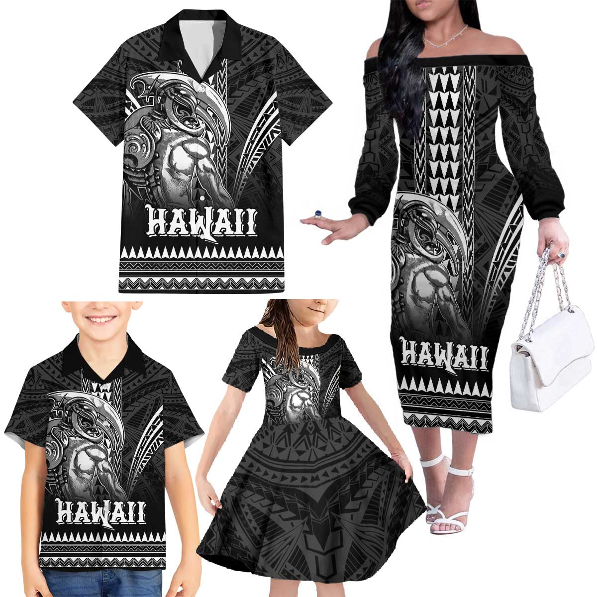 Hawaiian Ikaika Warrior Family Matching Off The Shoulder Long Sleeve Dress and Hawaiian Shirt Tribal Pattern