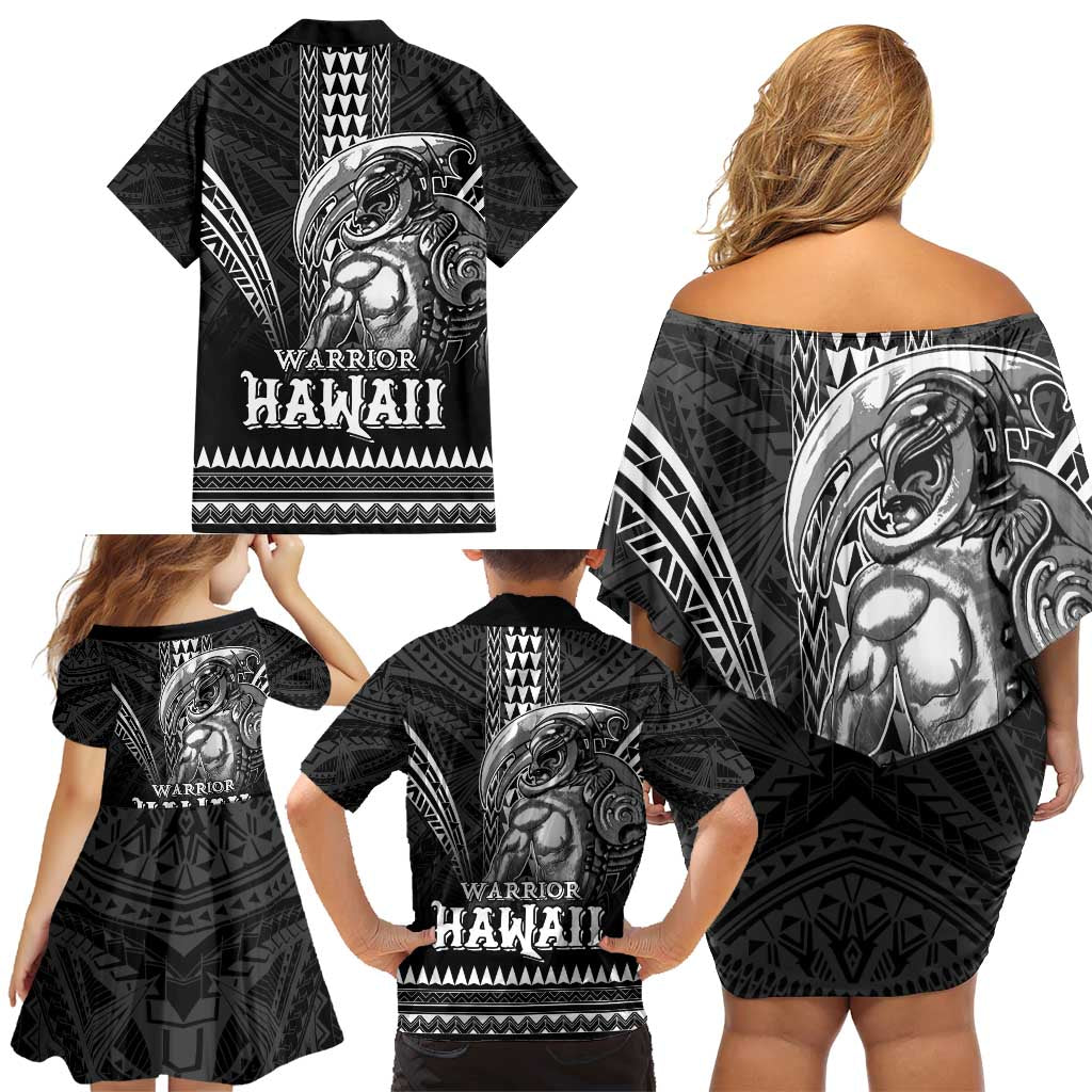 Hawaiian Ikaika Warrior Family Matching Off Shoulder Short Dress and Hawaiian Shirt Tribal Pattern