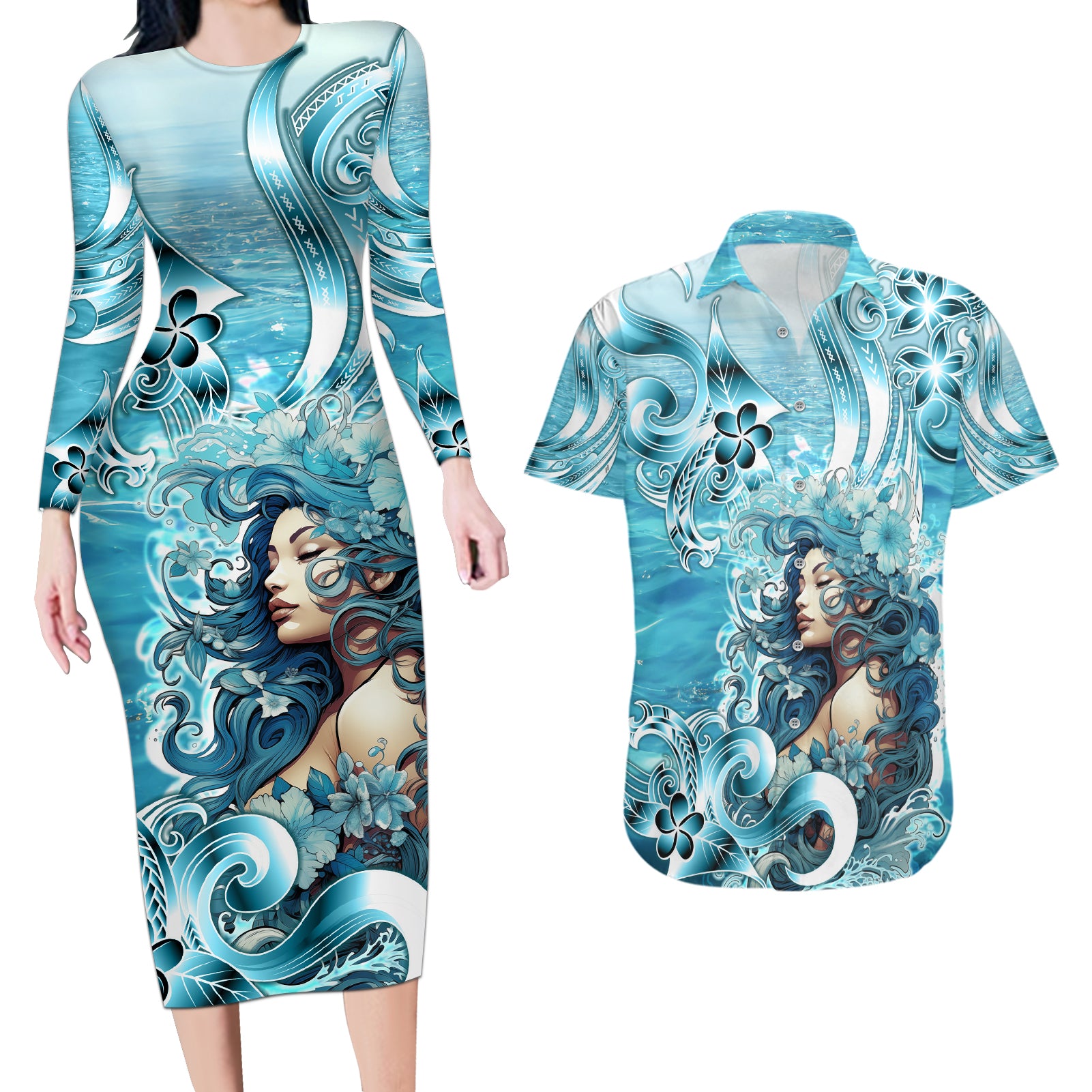 Hawaii Namaka Goddess Of The Sea Couples Matching Long Sleeve Bodycon Dress and Hawaiian Shirt Polynesian Style LT05 Turquoise - Polynesian Pride