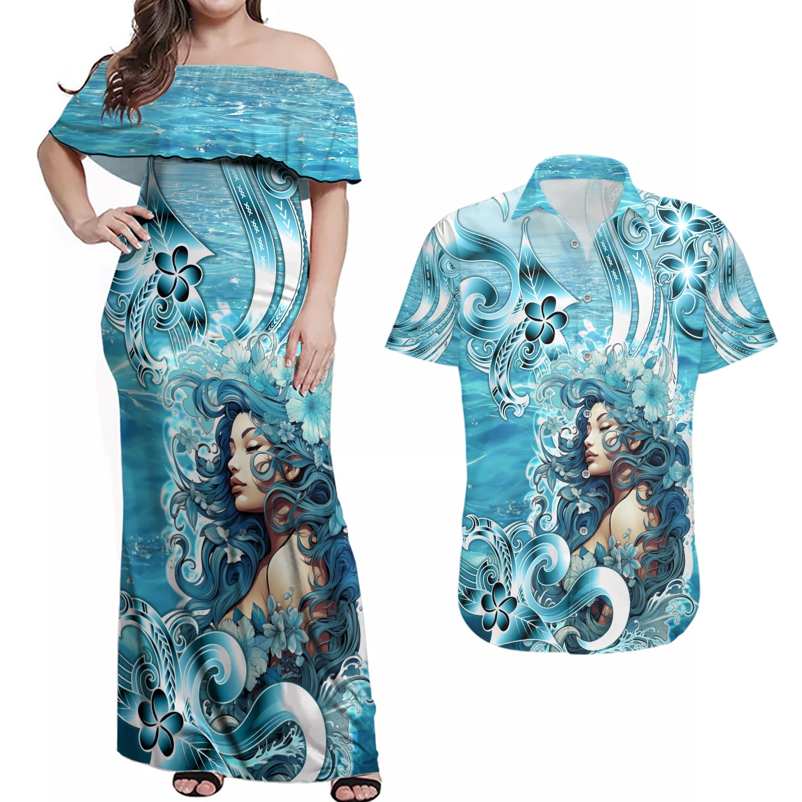 Hawaii Namaka Goddess Of The Sea Couples Matching Off Shoulder Maxi Dress and Hawaiian Shirt Polynesian Style LT05 Turquoise - Polynesian Pride