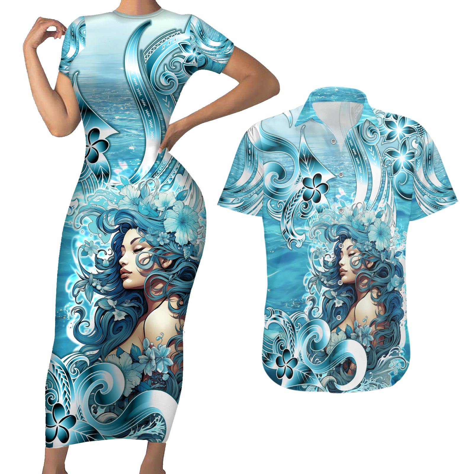 Hawaii Namaka Goddess Of The Sea Couples Matching Short Sleeve Bodycon Dress and Hawaiian Shirt Polynesian Style LT05 Turquoise - Polynesian Pride