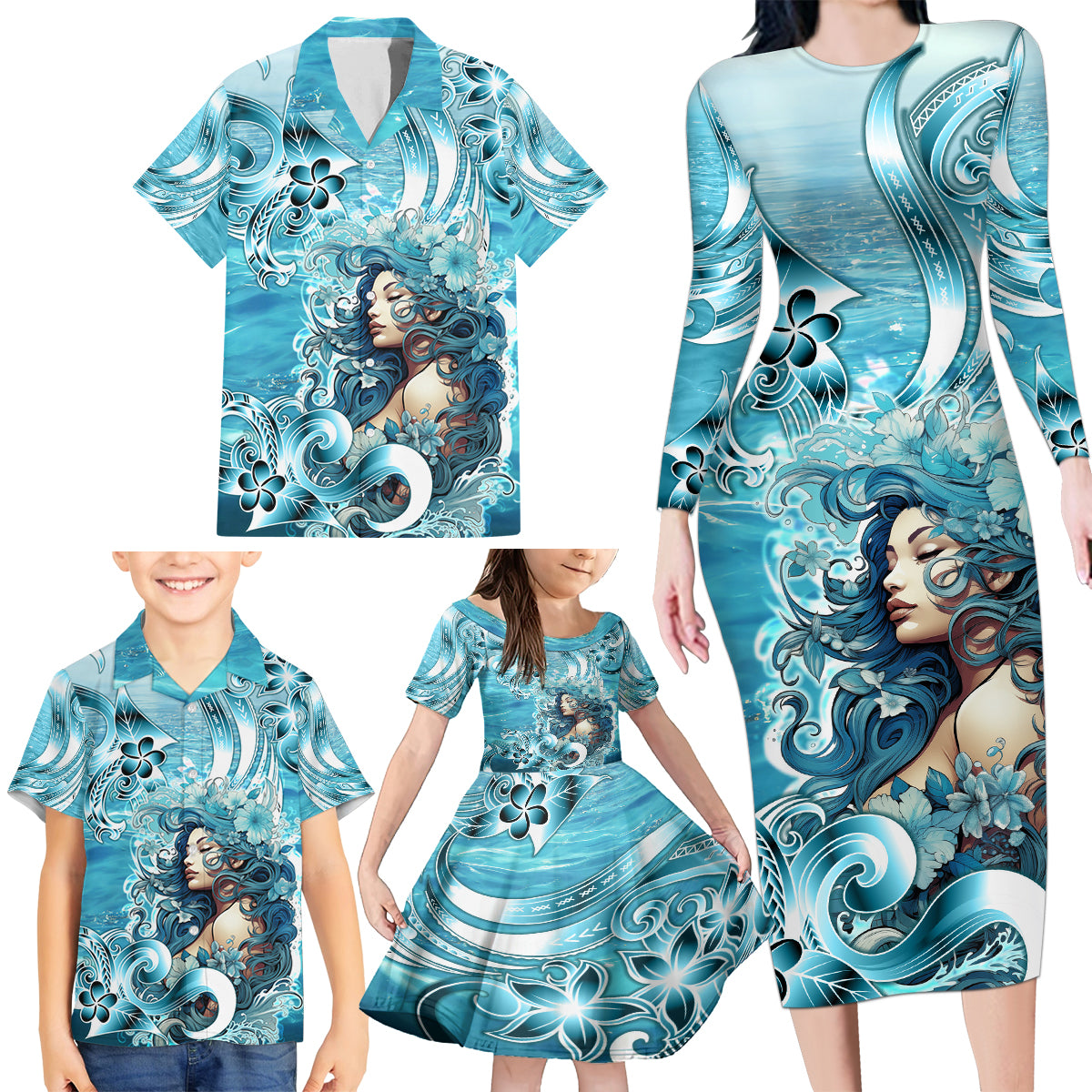 Hawaii Namaka Goddess Of The Sea Family Matching Long Sleeve Bodycon Dress and Hawaiian Shirt Polynesian Style LT05 - Polynesian Pride