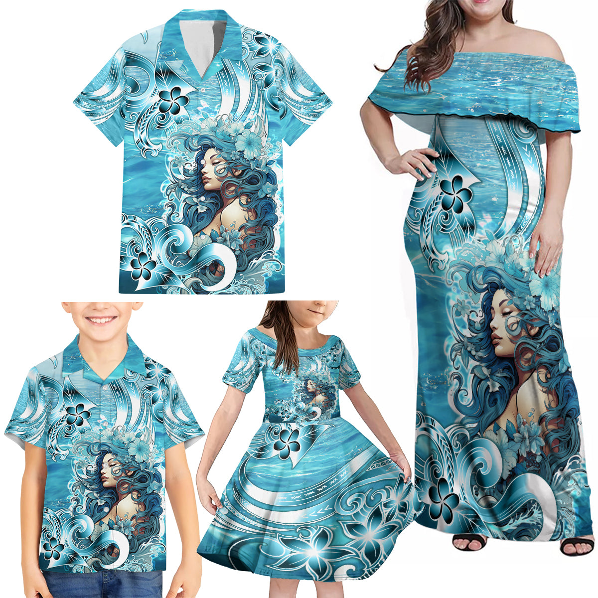 Hawaii Namaka Goddess Of The Sea Family Matching Off Shoulder Maxi Dress and Hawaiian Shirt Polynesian Style LT05 - Polynesian Pride